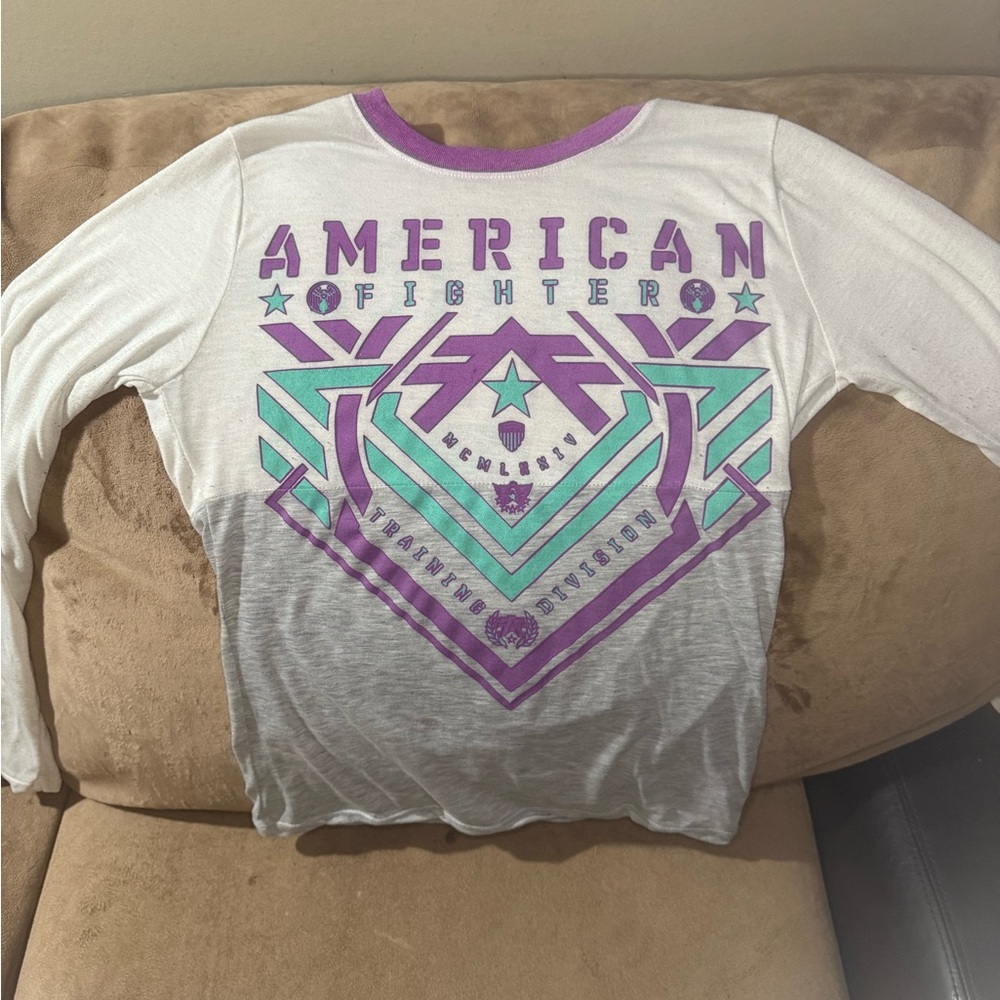 American Fighter Girls' Small White Tee with Purple & Teal Graphic